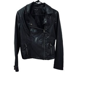 Faux Leather Biker Jacket Size M Black New Look Womens Collared Zip Pockets